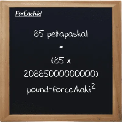 Cara konversi petapaskal ke pound-force/kaki<sup>2</sup> (PPa ke lbf/ft<sup>2</sup>): 85 petapaskal (PPa) setara dengan 85 dikalikan dengan 20885000000000 pound-force/kaki<sup>2</sup> (lbf/ft<sup>2</sup>)